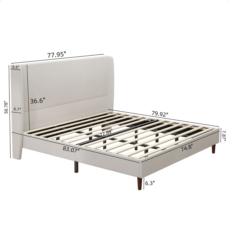 Beige upholstered bed frame with labeled dimensions and exposed slats
