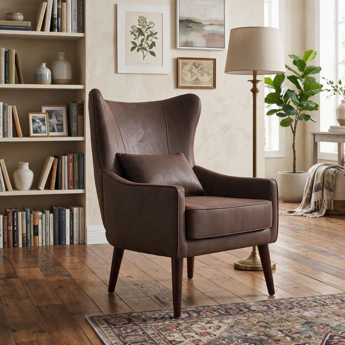 Curved-back lounge chair in brown fabric with deep seat and tall curved backrest.
