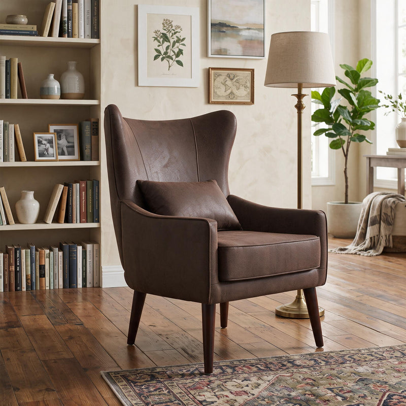 Curved-back lounge chair in brown fabric with deep seat and tall curved backrest.