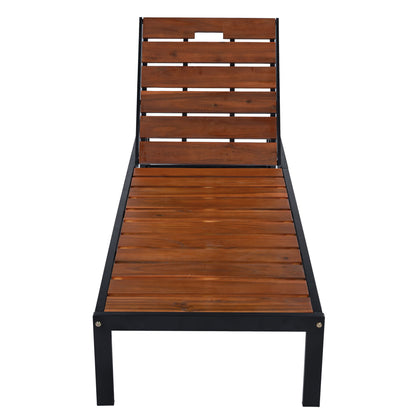 Outdoor chaise lounge with adjustable backrest, slatted wood seat and dark legs