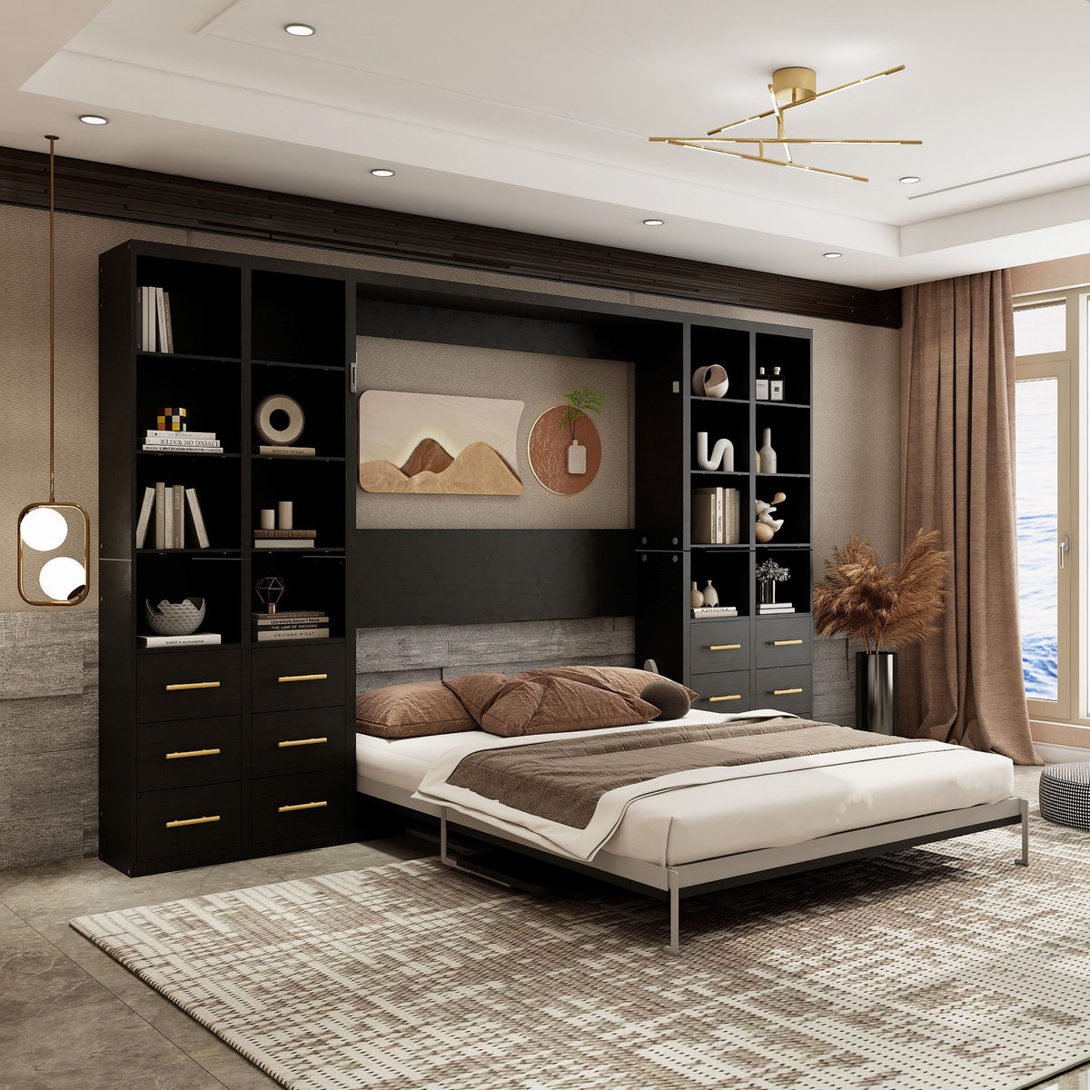 Vertical Murphy wall bed with open bed frame, built-in shelves and drawers, black finish.