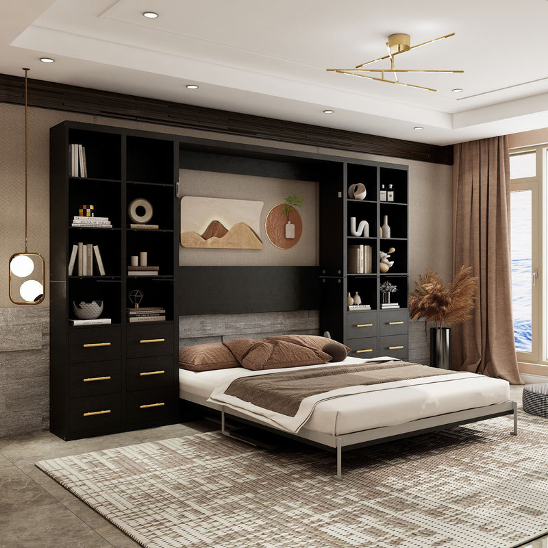 Vertical Murphy wall bed with open bed frame, built-in shelves and drawers, black finish.