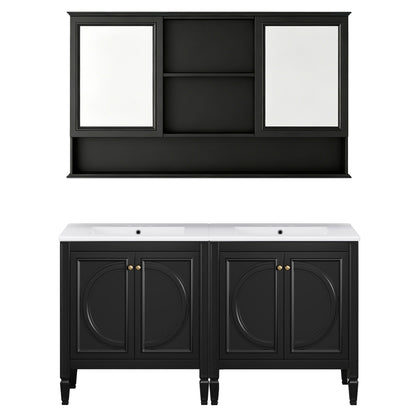 Black bathroom vanity cabinet set with wall-mount mirror storage, open shelf and doors