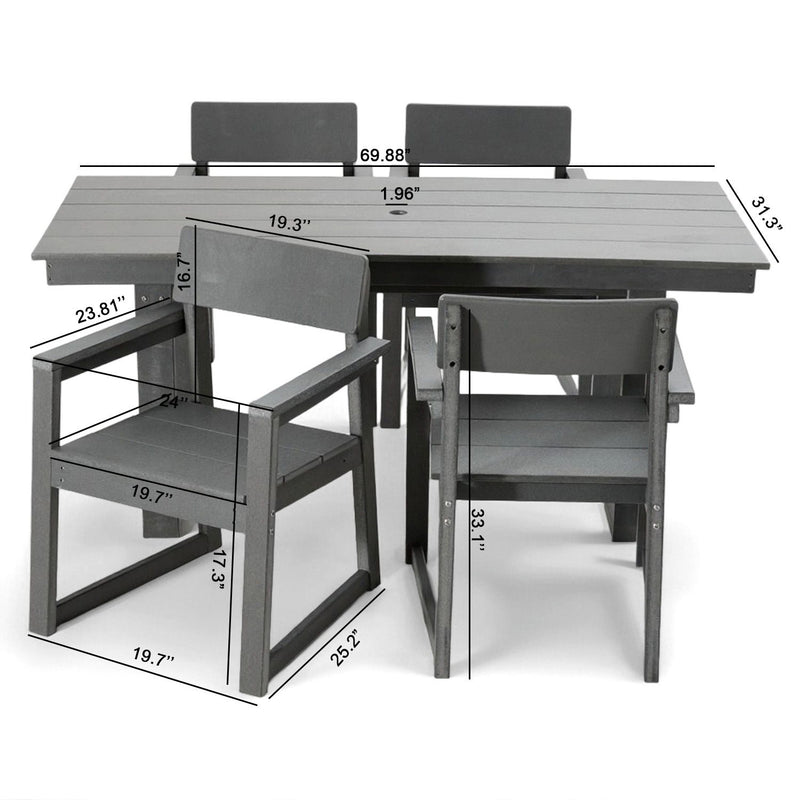 5 Piece Outdoor Dining Set For 4, Patio Table With Umbrella Hole And 4 Armrest Chairs For Backyard - Gray