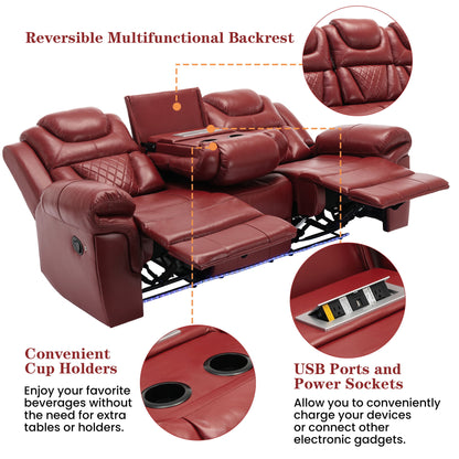 Home Theater Seating Manual Recliner Chair With Center Console And Led Light Strip For Living Room