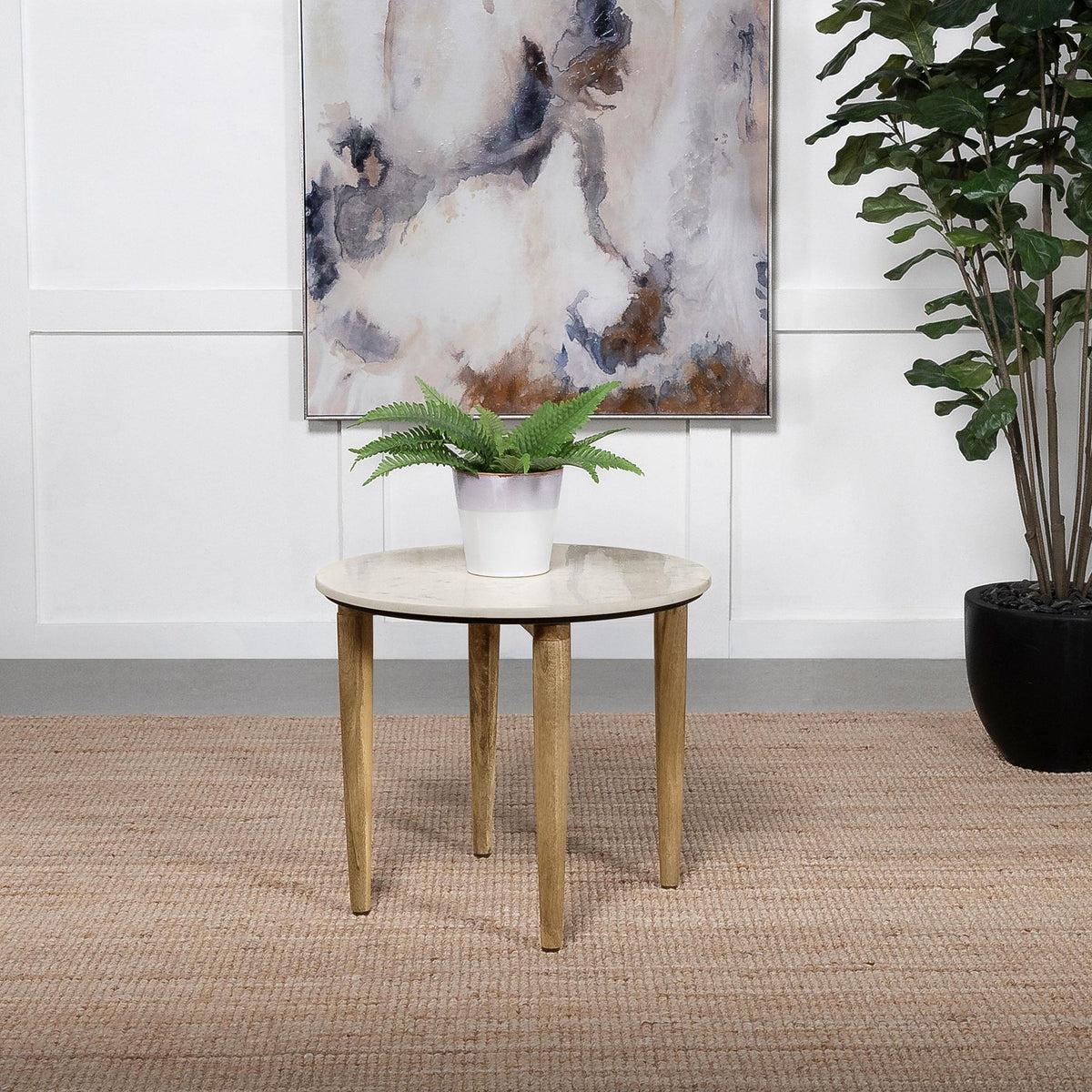 Aldis Round Marble Top Side End Table White and Natural