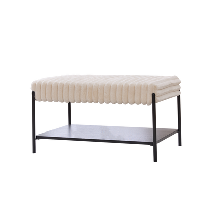 Upholstered Ottoman Coffee Table Foot Rest with Black Metal Legs and Open Storage, Faux Fur, Beige, 30.7' Wide