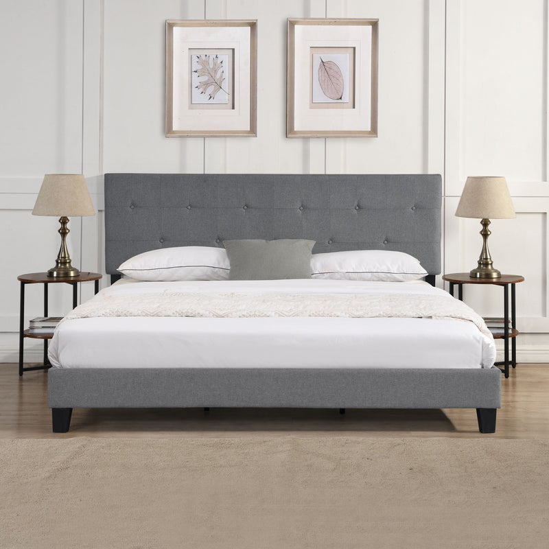 Modern Upholstered Platform Bed Frame With Button Tufted Linen Headboard And Wood Slat Support