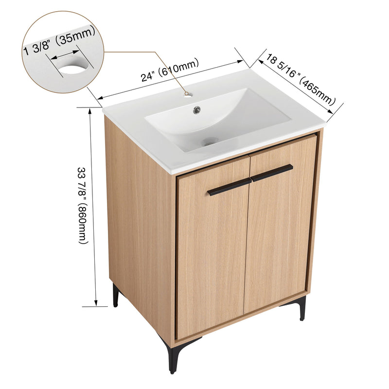 Light brown bathroom vanity with white countertop sink, black bar handle, two-door cabinet