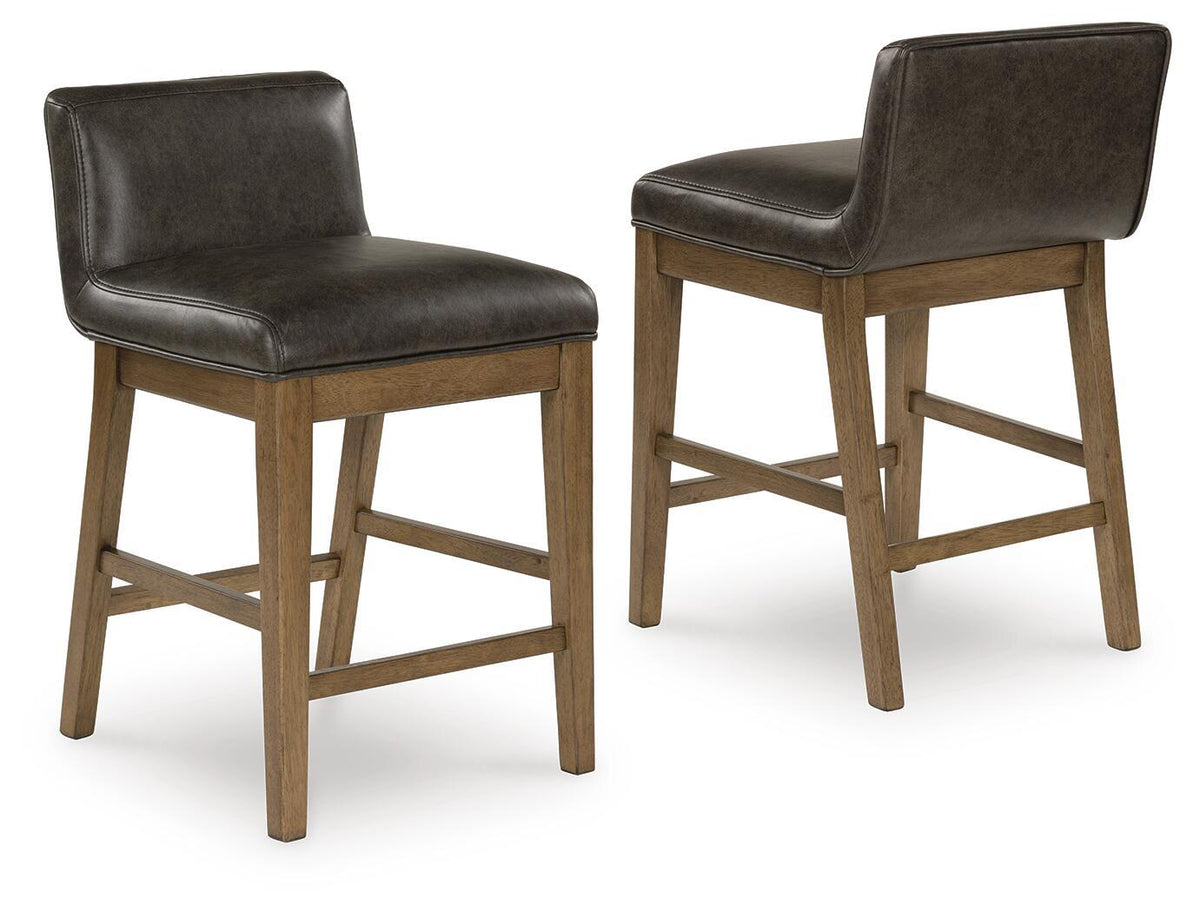 Two-tone brown upholstered barstool set of 2 with dark cushions and angled wood legs