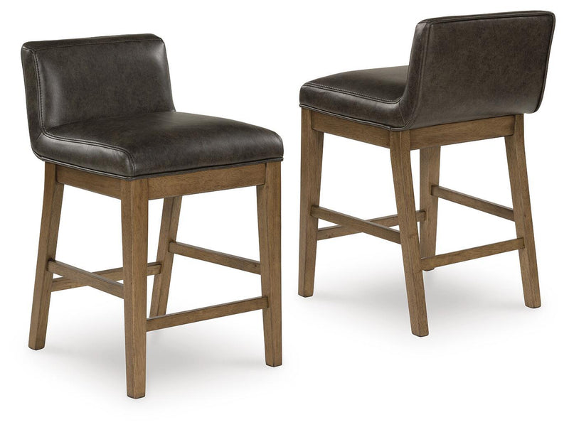 Two-tone brown upholstered barstool set of 2 with dark cushions and angled wood legs