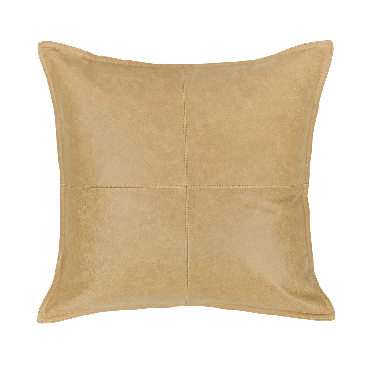 Camel tan leather square pillow with four-panel seams and welt trim