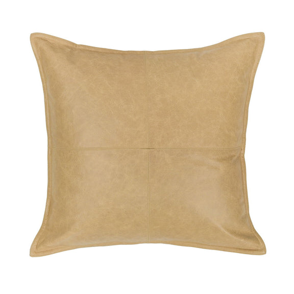 Camel tan leather square pillow with four-panel seams and welt trim