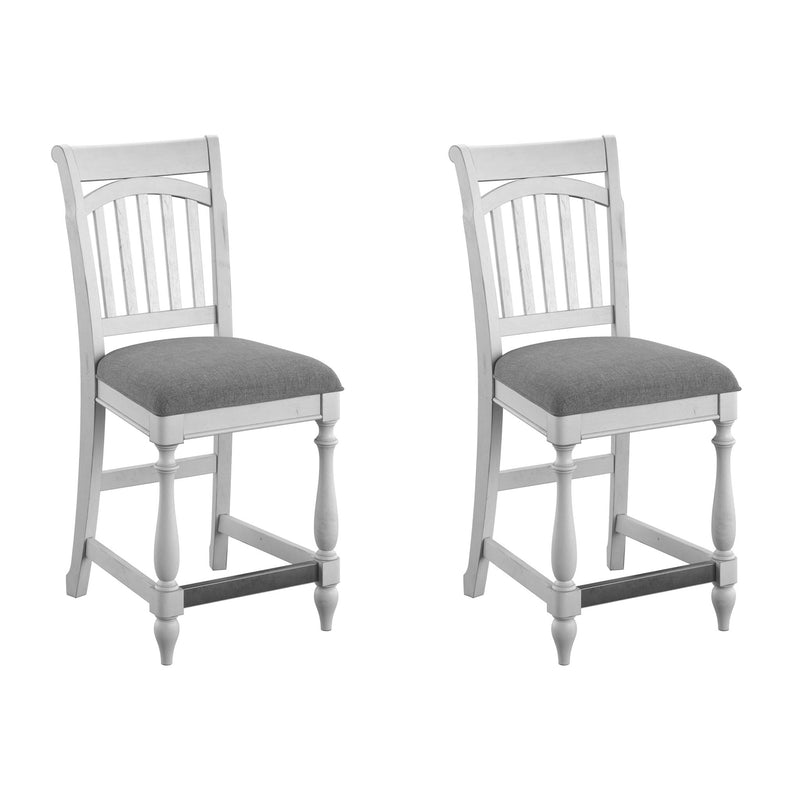 Gray slat-back bar stool set of 2, upholstered seat and turned spindle legs