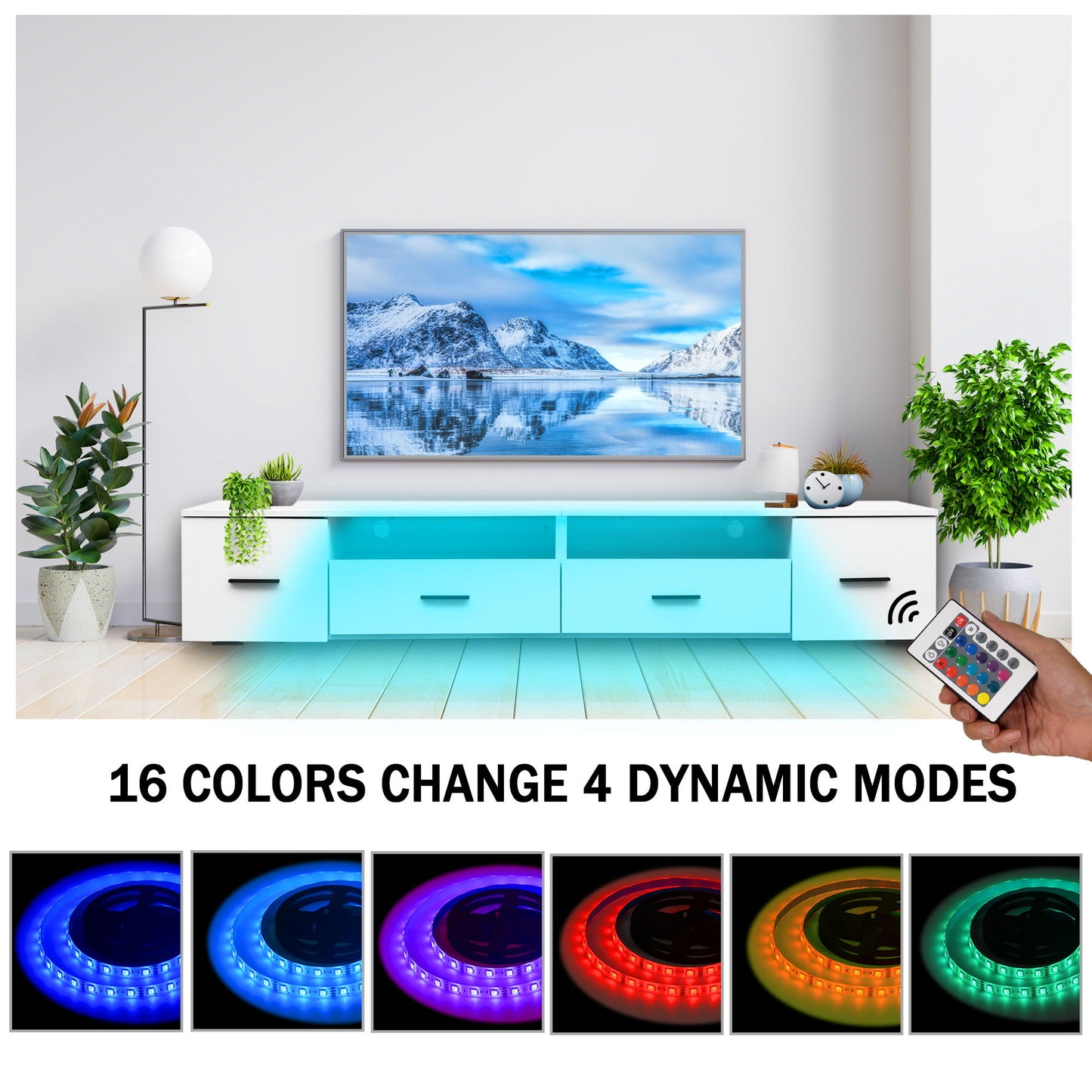 TV Stand For Living Room, Modern Entertainment Center Stand For TV Up To 90", Large LED TV Stand With 4 Storage Drawers, High Glossy Waterproof TV Console, TV Table Media Furniture - White