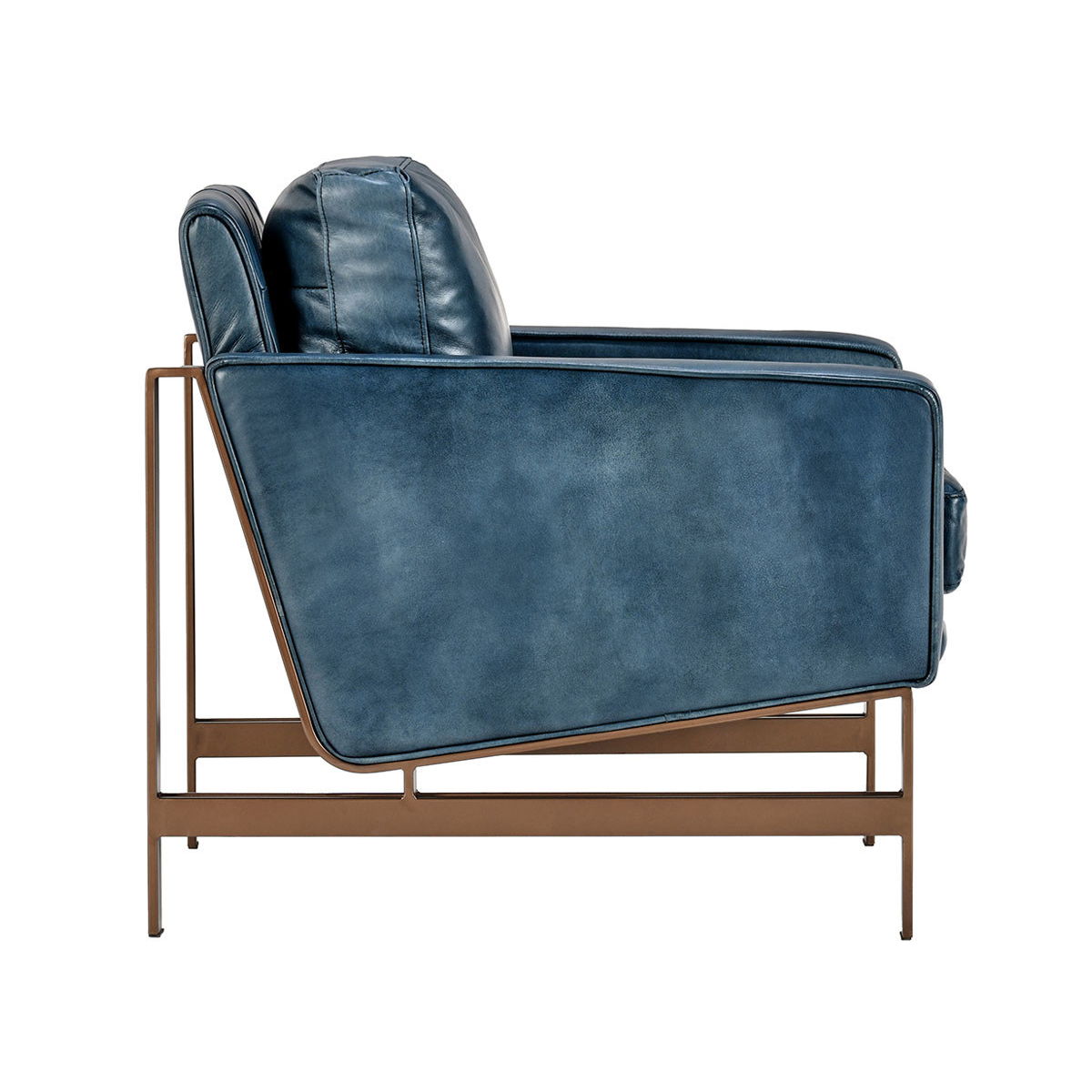 Ocean blue club chair viewed from side, cushioned seat and back, wooden frame