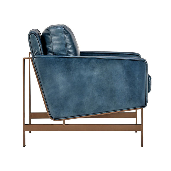 Ocean blue club chair viewed from side, cushioned seat and back, wooden frame
