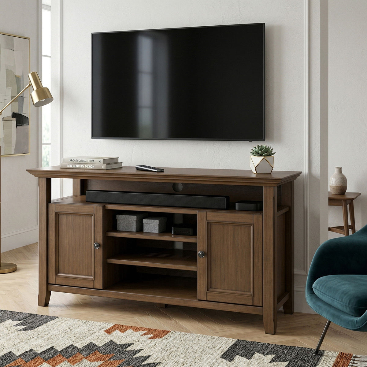 Rustic aged brown TV media stand with two cabinet doors and open center shelves