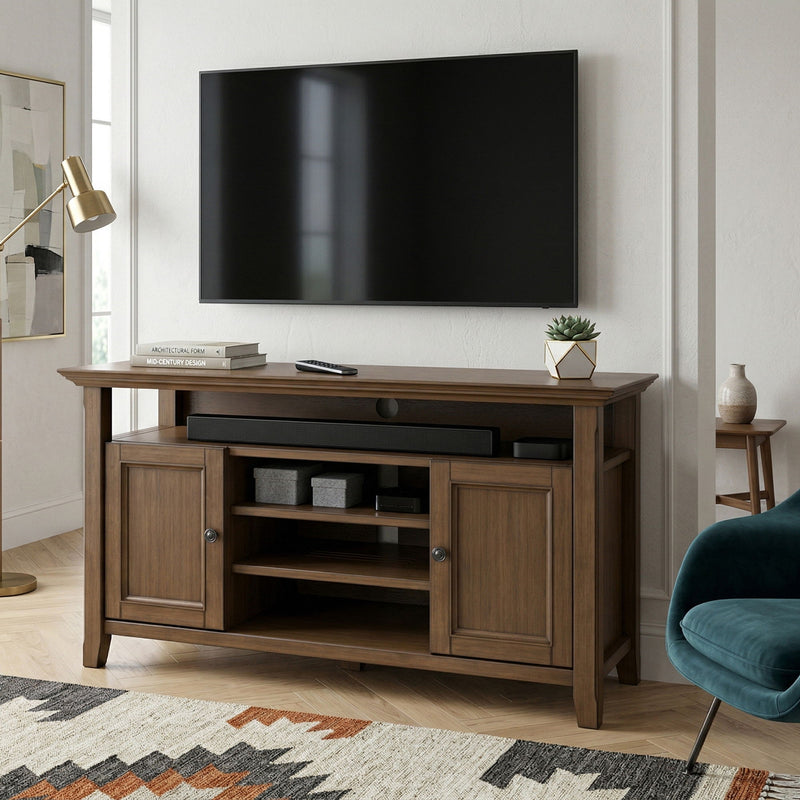 Rustic aged brown TV media stand with two cabinet doors and open center shelves