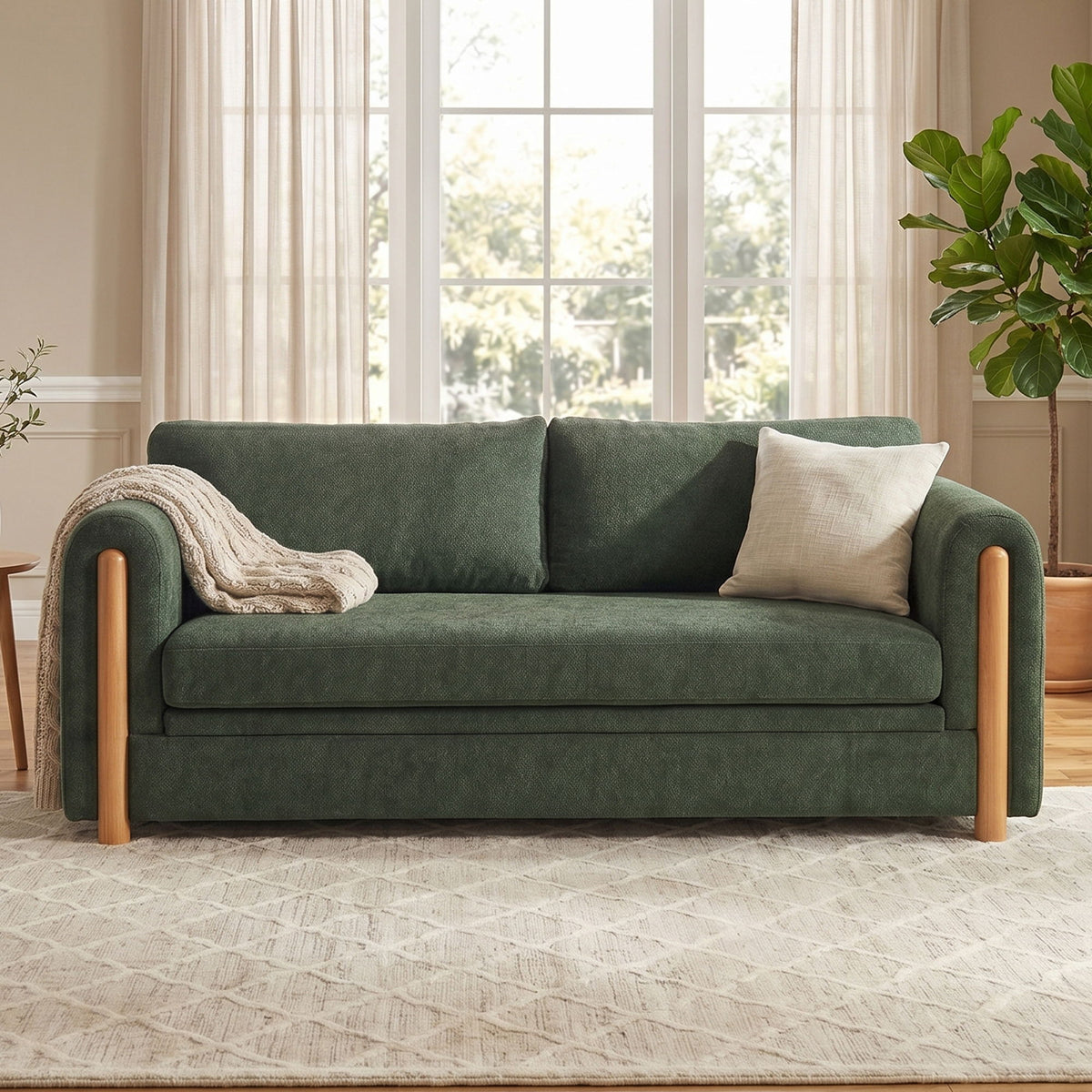 3-seater upholstered couch in dark green with wooden arms and accent pillows