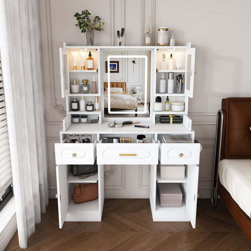Large Vanity Table Set With Mirror, 6 Drawers & Shelves, Power Socket, Hair Dryer Holder, Cabinet Light, Dressing Desk - White