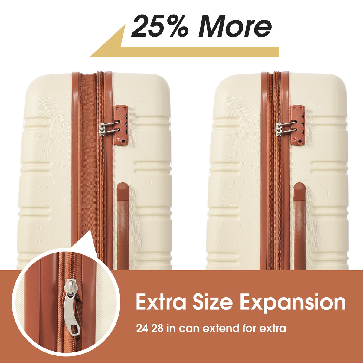 Cream hardshell suitcase with brown zipper front and expansion seam