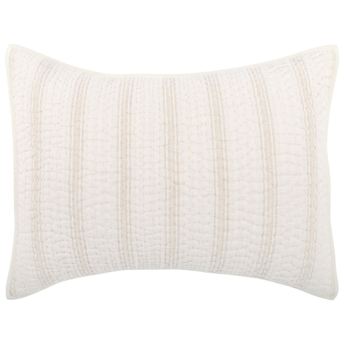 Eggshell cotton-linen sham with raised grid texture and stitched border