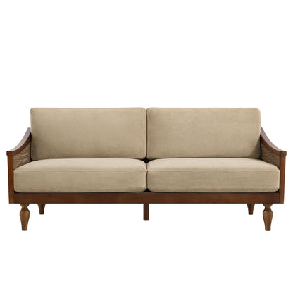 Beige 3-seater sofa with rattan armrests, two seat cushions and padded backrest