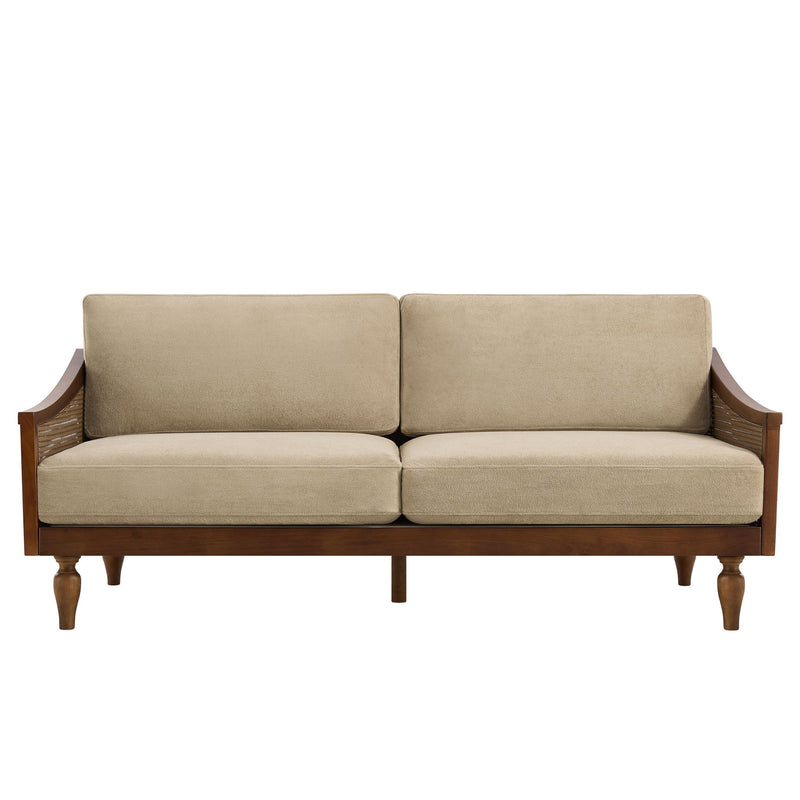 Beige 3-seater sofa with rattan armrests, two seat cushions and padded backrest