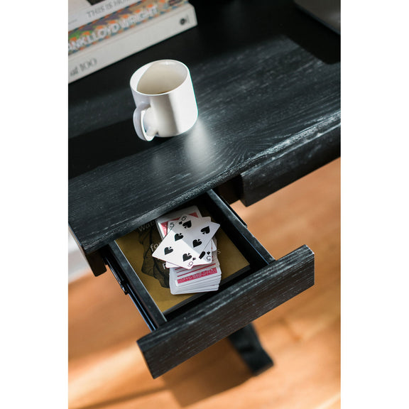 Black ash desk pull-out storage tray with mug and playing cards