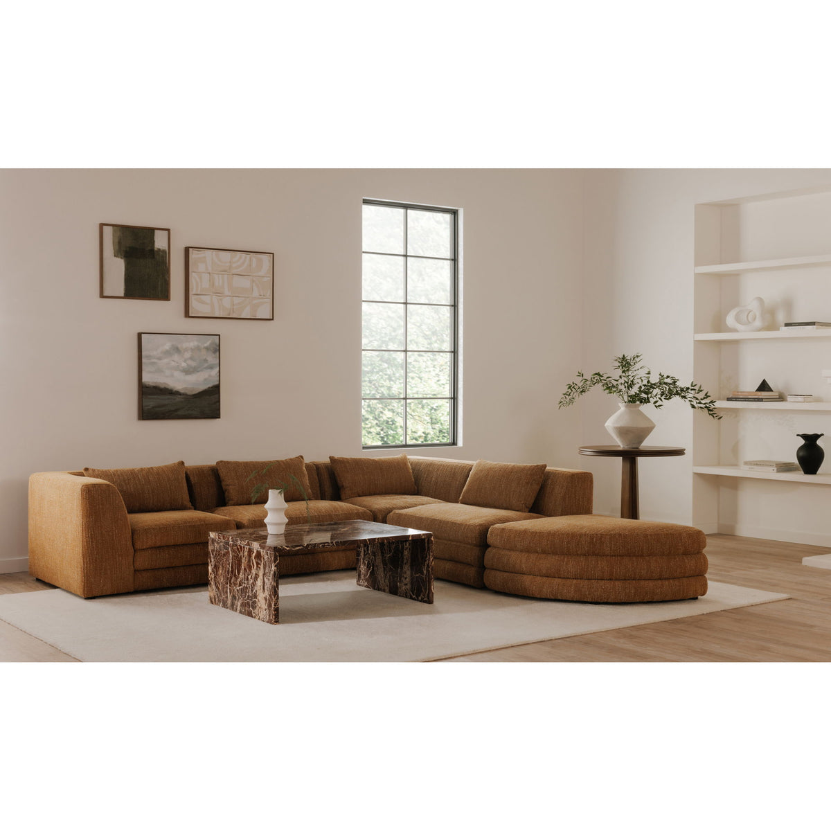 Red-brown marble coffee table with inset top, veined finish, and tapered sides