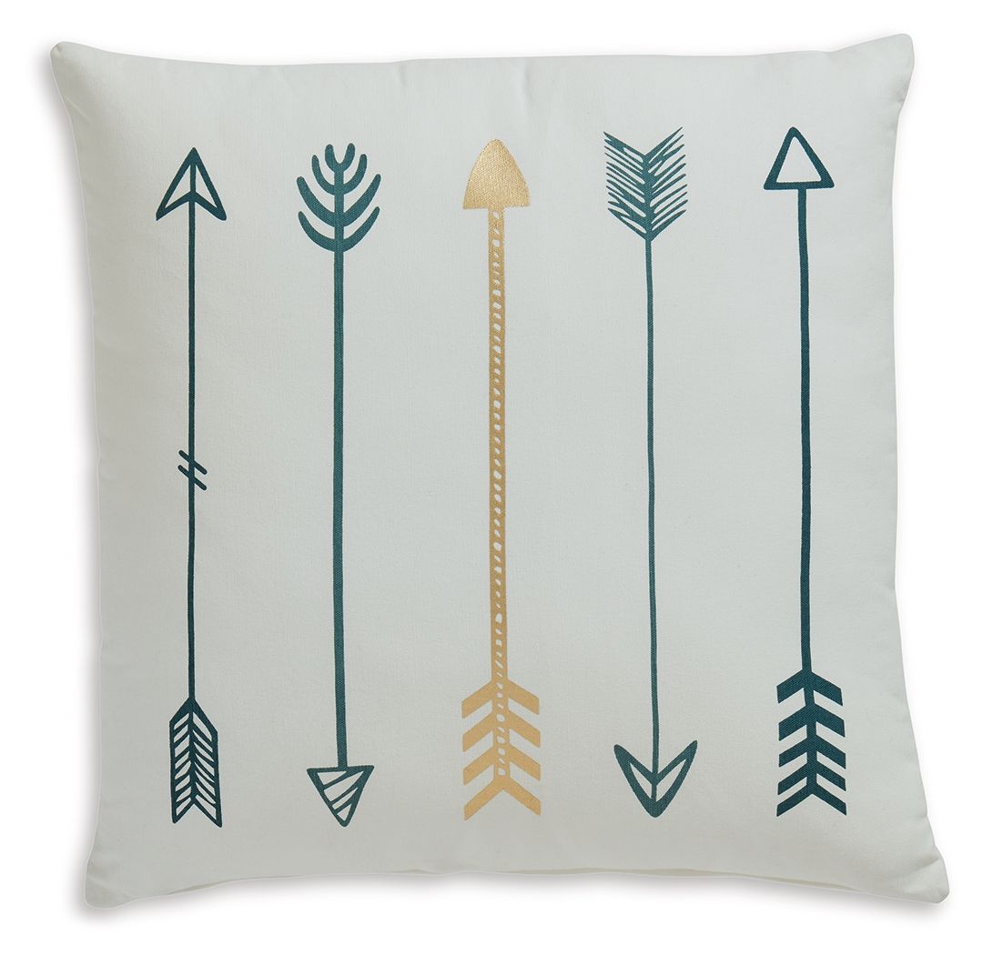 White throw pillow with teal and gold arrow/feather pattern front