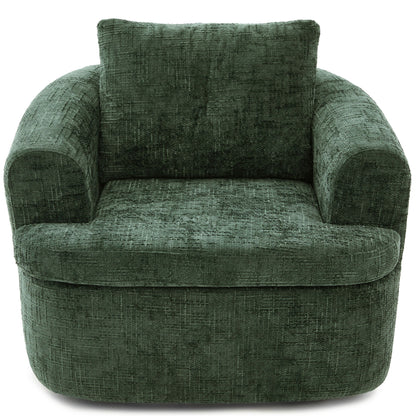 Swivel barrel chair in dark green textured fabric with dual-layer cushion and rounded arms