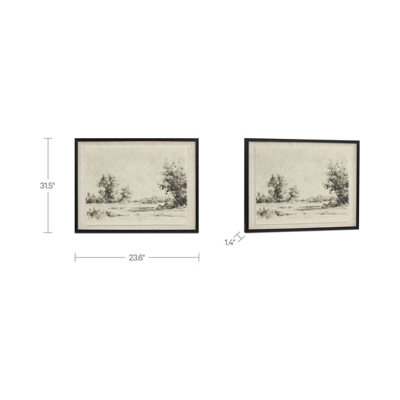 Framed linen landscape print with gray foliage and river scene, slim black border