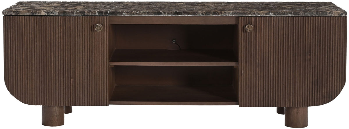 Dark brown rounded mango wood media console with two hinged doors and open shelves