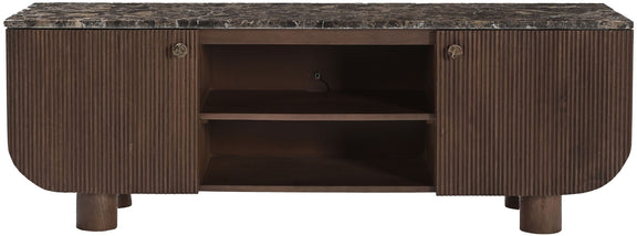 Dark brown rounded mango wood media console with two hinged doors and open shelves