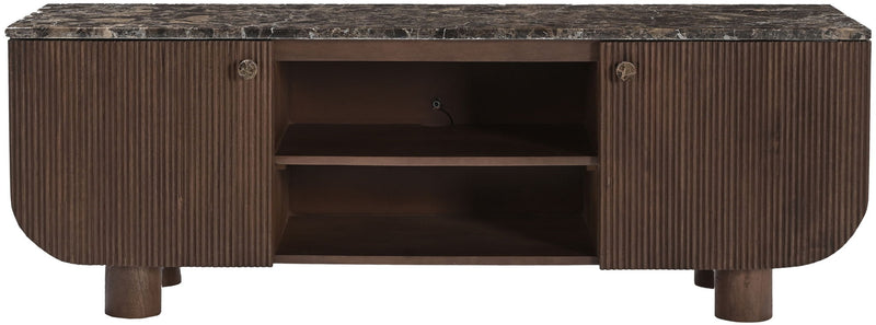 Dark brown rounded mango wood media console with two hinged doors and open shelves