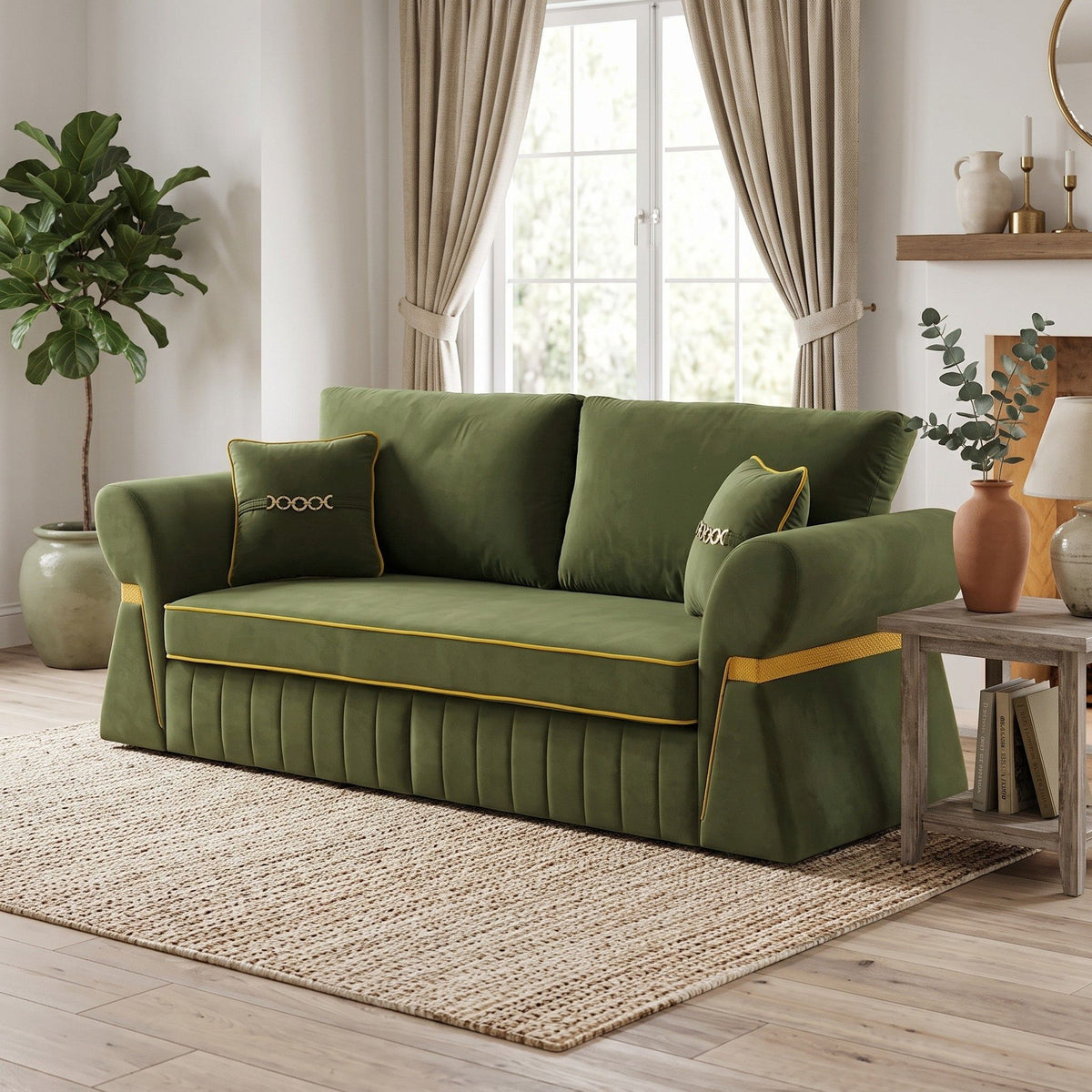 Dark green three-seat sofa with two cushions, shown at an angle