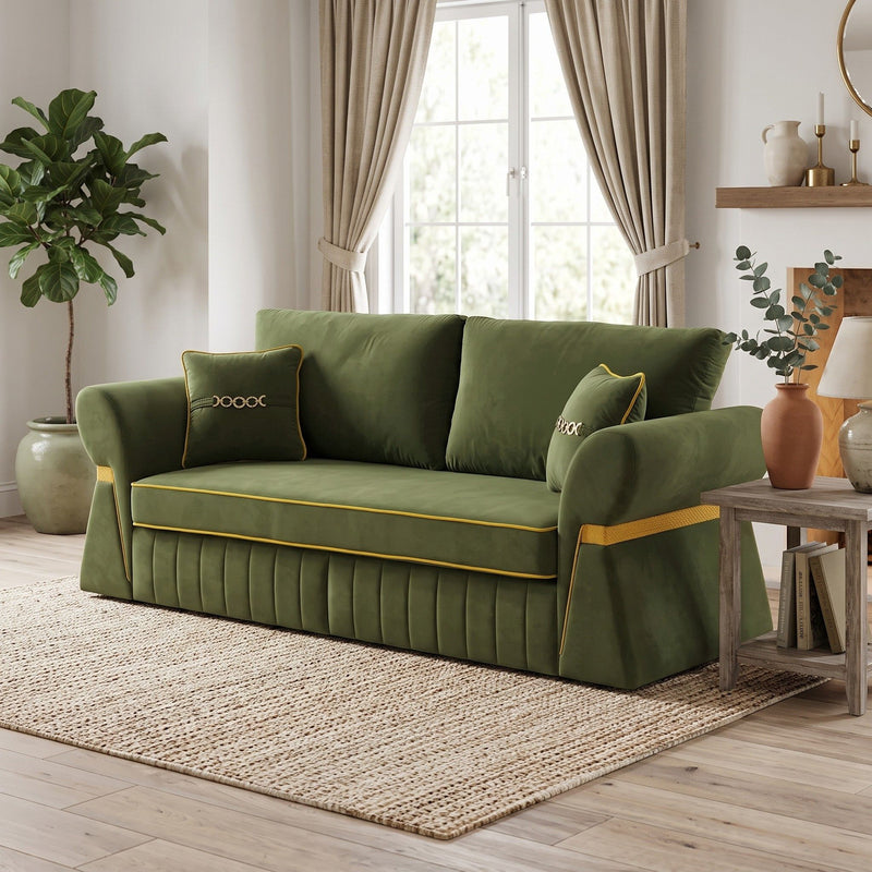 Dark green three-seat sofa with two cushions, shown at an angle