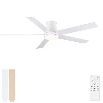 Flush-mount ceiling fan with light, white housing and multi-blade design
