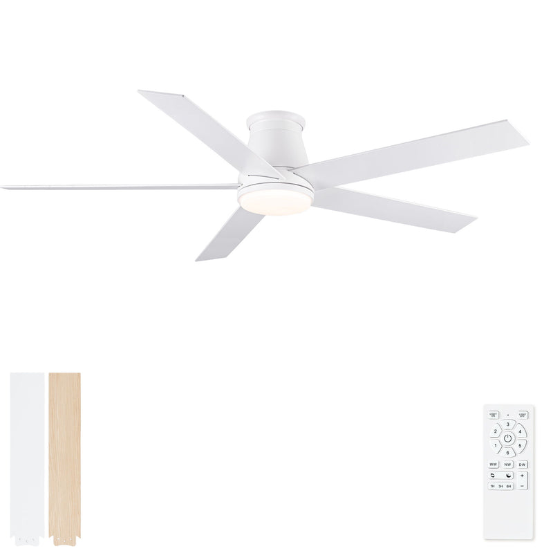 Flush-mount ceiling fan with light, white housing and multi-blade design