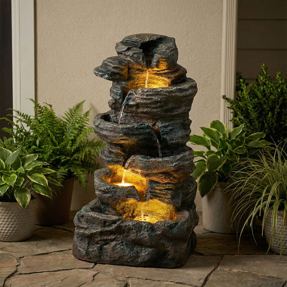Gray tiered stone water fountain with warm LED glow and cascading water