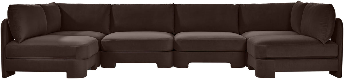 Dark brown velvet armless U-shaped sectional sofa with tufted back cushions