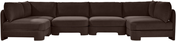 Dark brown velvet armless U-shaped sectional sofa with tufted back cushions
