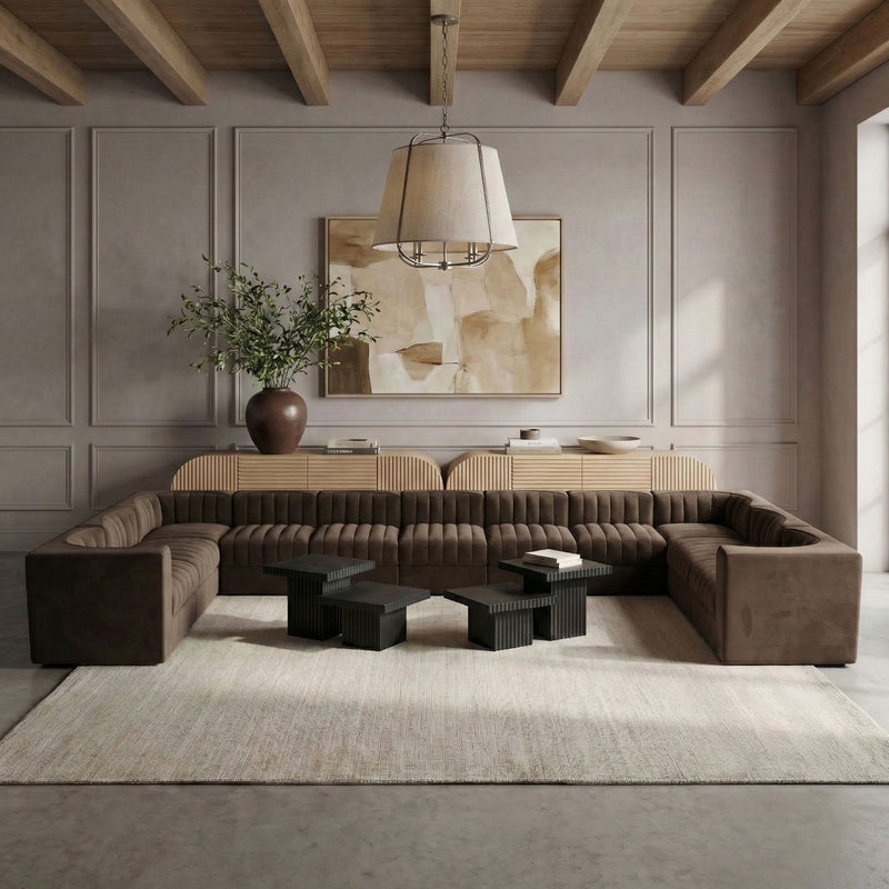 Velvet modular sectional with tufted seat and back, dark brown upholstery, corner armrests