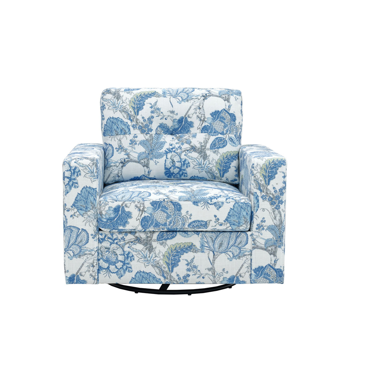 Light blue floral upholstered single sofa chair with high back and armrests