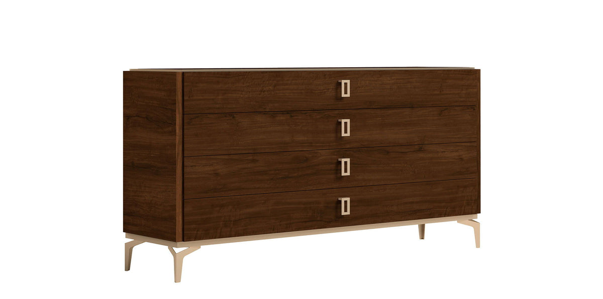 Brown walnut dresser with four drawers and square pulls on tapered legs, angled view