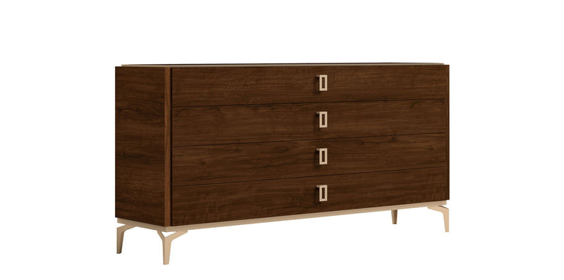 Brown walnut dresser with four drawers and square pulls on tapered legs, angled view
