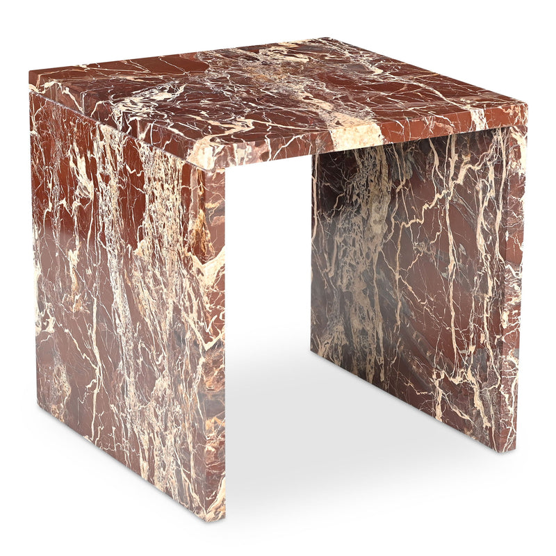 Rosa marble accent table with square top and side panels, brown and gold veining