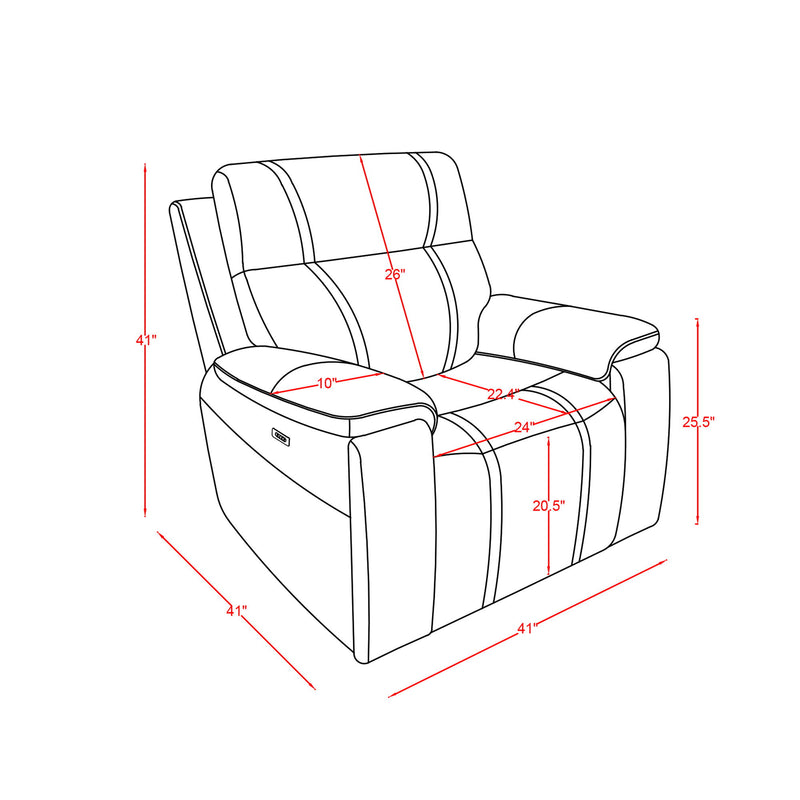Black power recliner size diagram with arm width and seat depth measurements